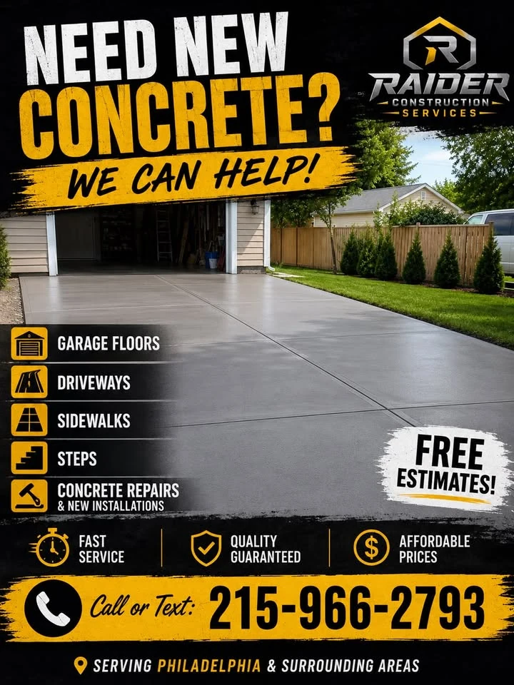 Raider promotional image showing a finished garage floor and driveway service card